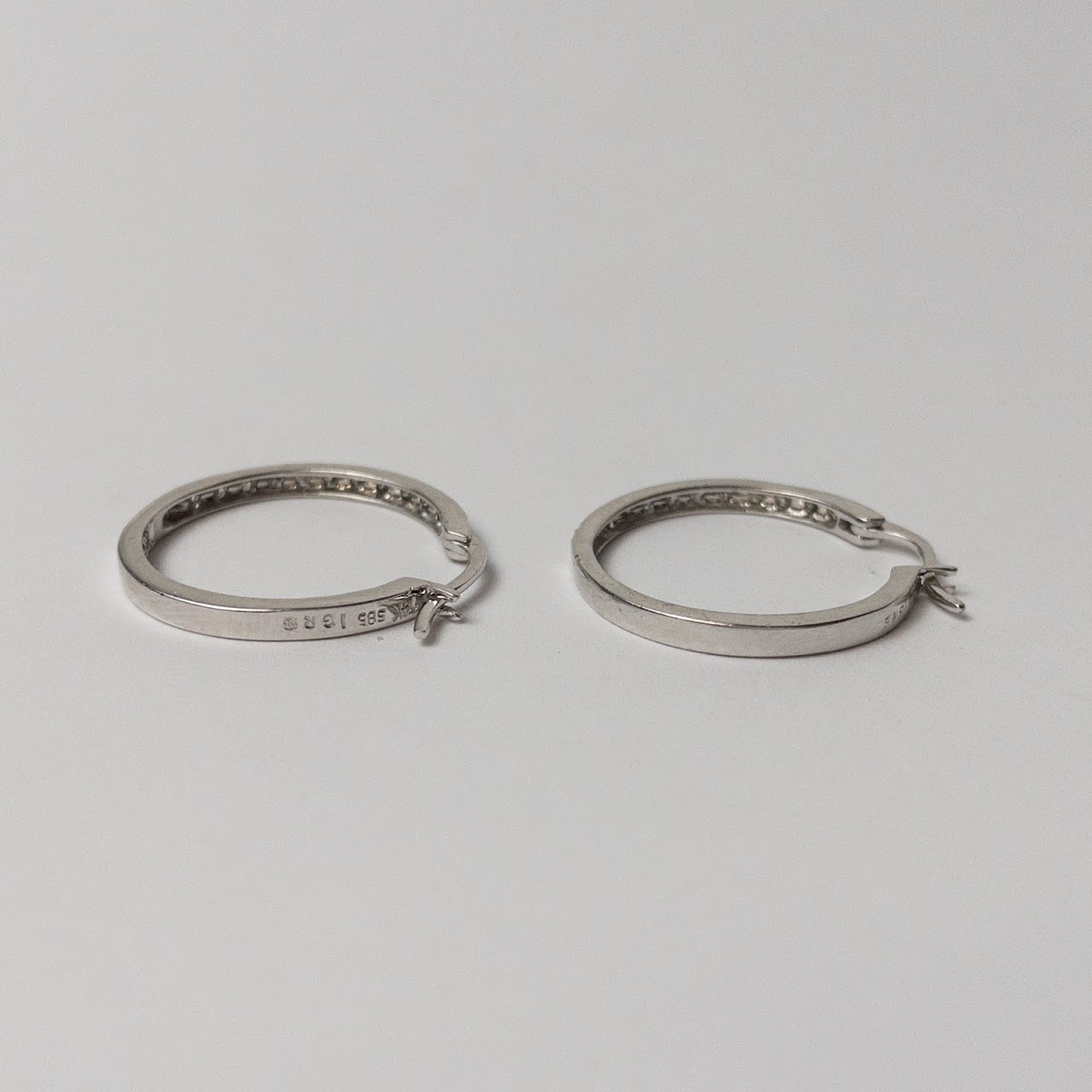 14K White Gold & Diamond Hoops