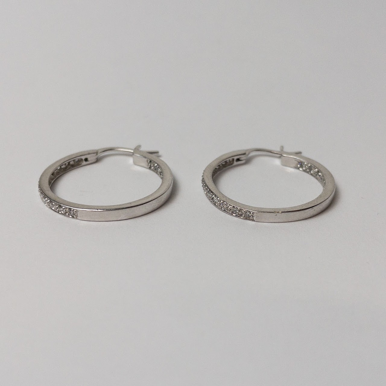 14K White Gold & Diamond Hoops