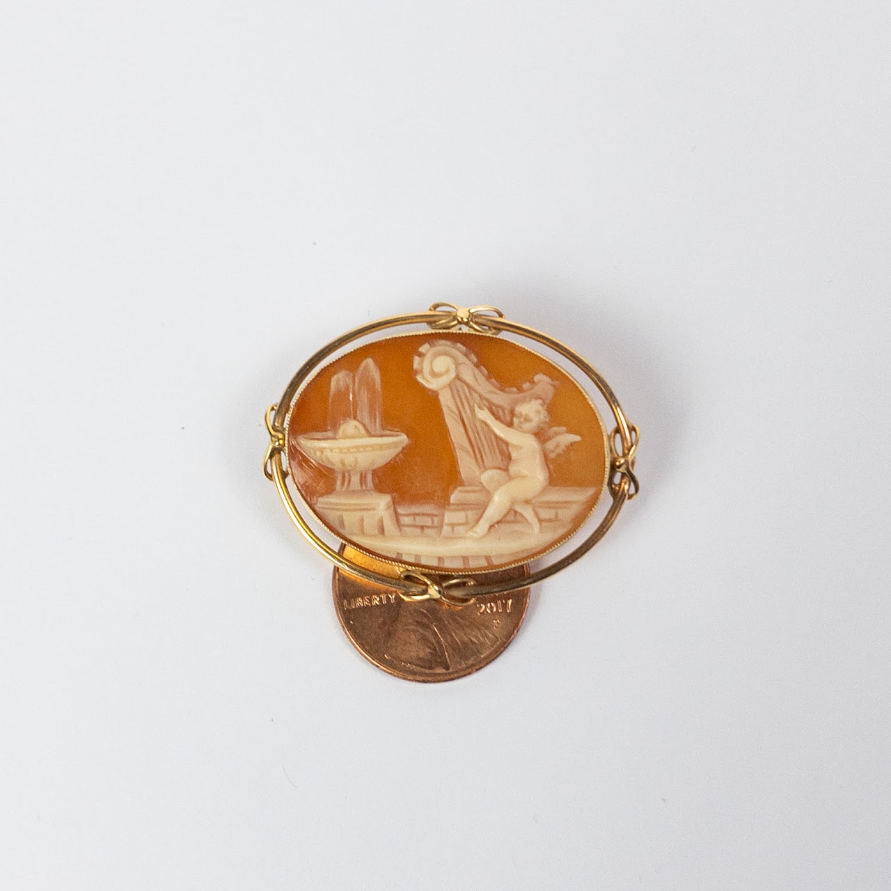 14K Gold Harp Playing Angel Cameo Convertible Brooch