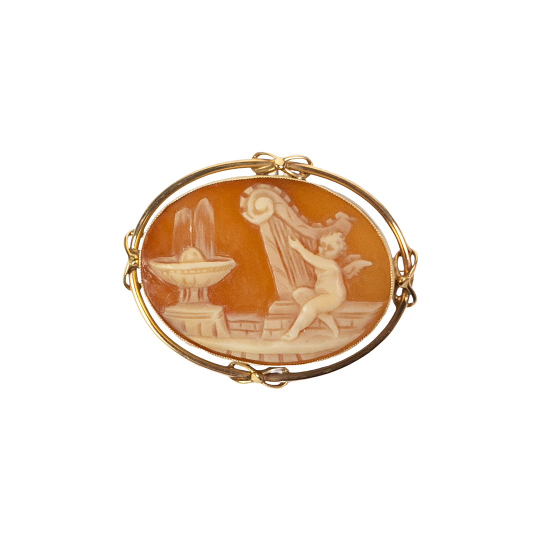 14K Gold Harp Playing Angel Cameo Convertible Brooch