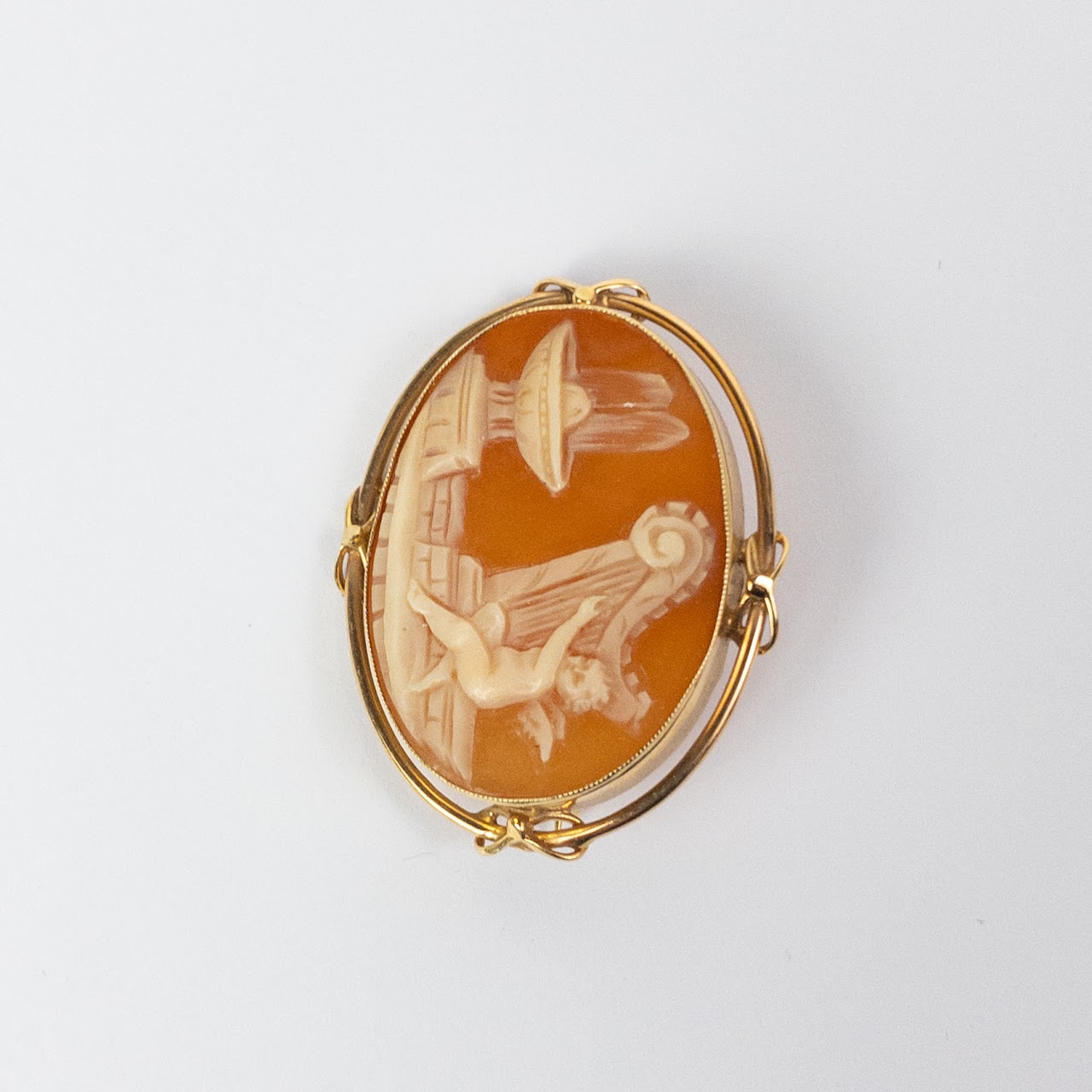 14K Gold Harp Playing Angel Cameo Convertible Brooch