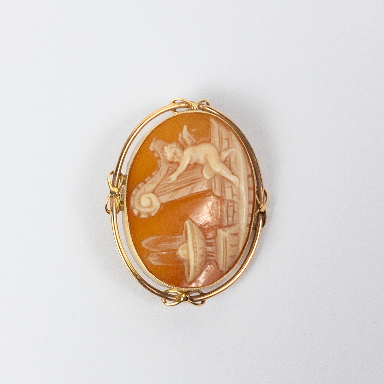 14K Gold Harp Playing Angel Cameo Convertible Brooch