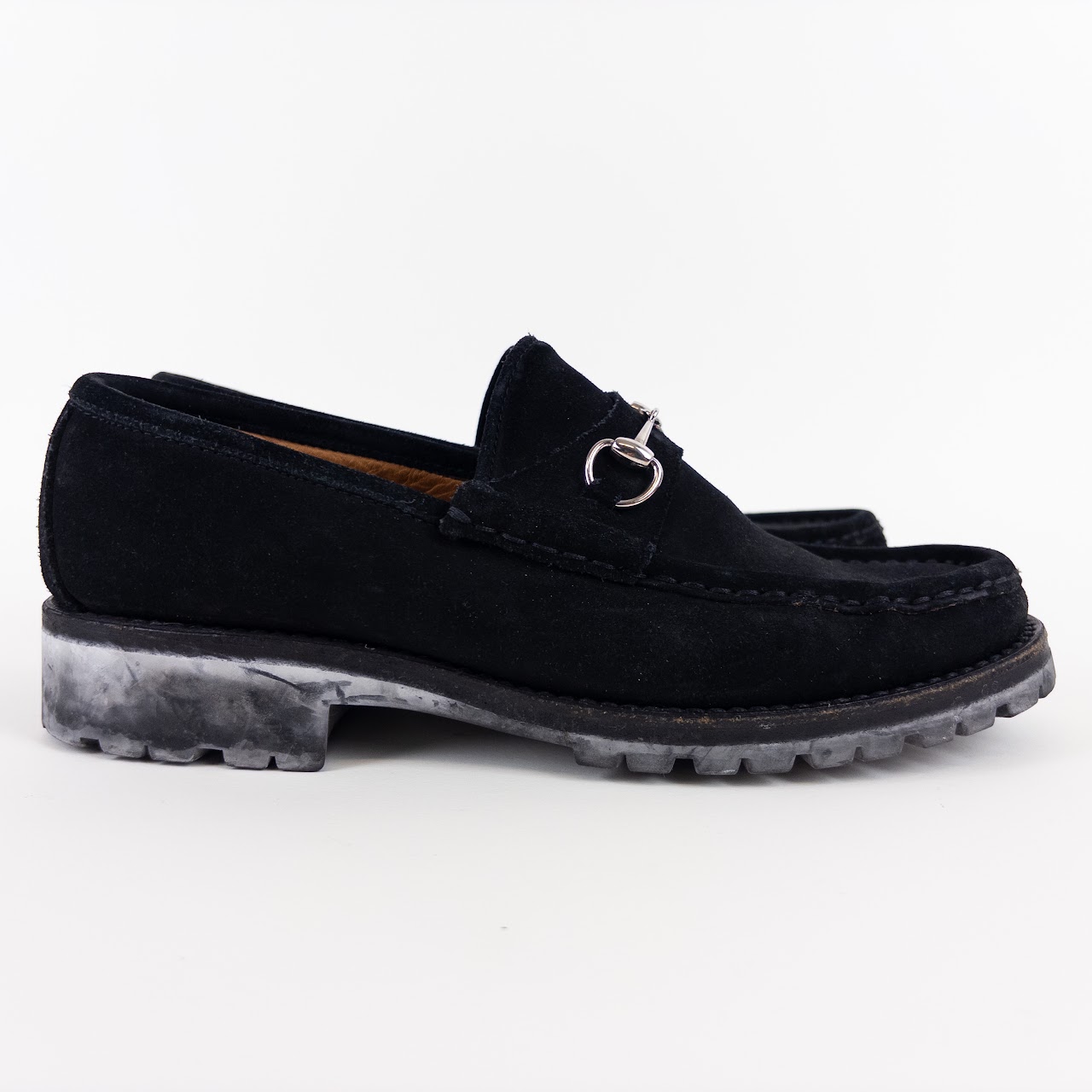 Gucci Black Suede Lug Sole Horsebit Loafers