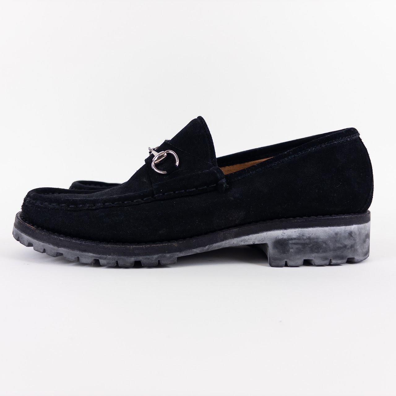 Gucci Black Suede Lug Sole Horsebit Loafers