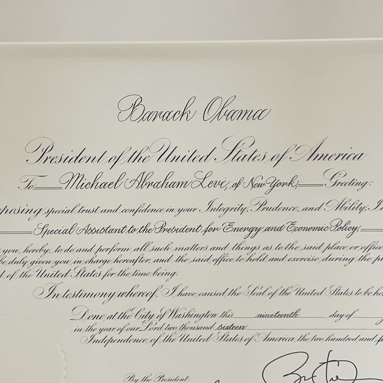 Barack Obama Signed Presidential Appointment Certificate