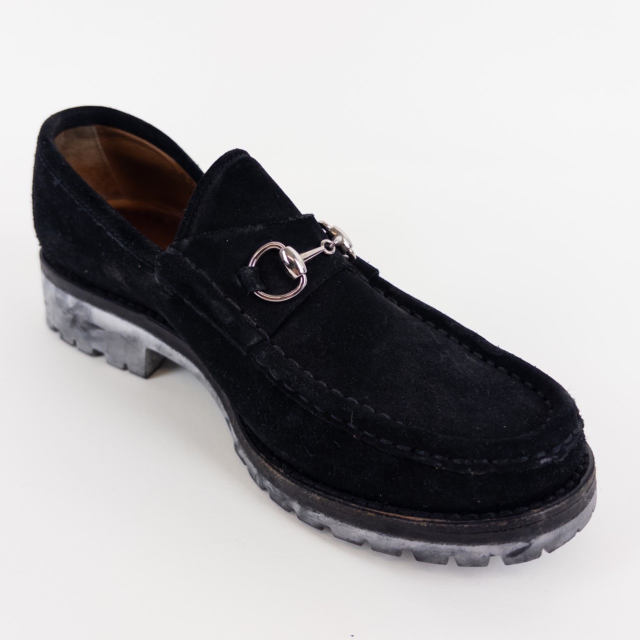 Gucci Black Suede Lug Sole Horsebit Loafers