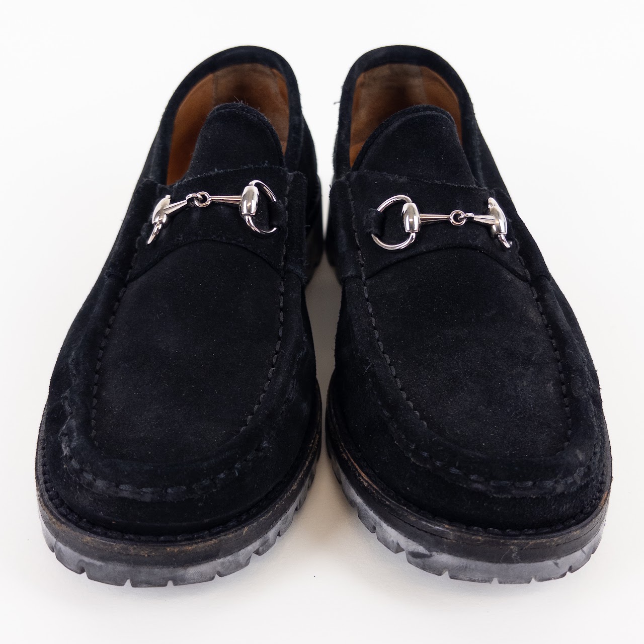 Gucci Black Suede Lug Sole Horsebit Loafers