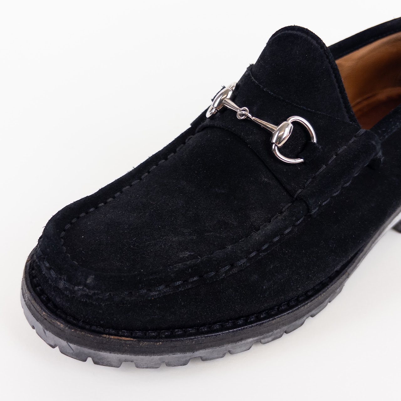 Gucci Black Suede Lug Sole Horsebit Loafers