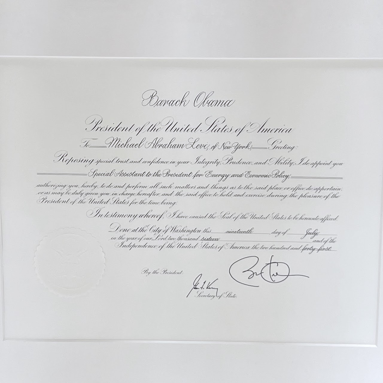 Barack Obama Signed Presidential Appointment Certificate