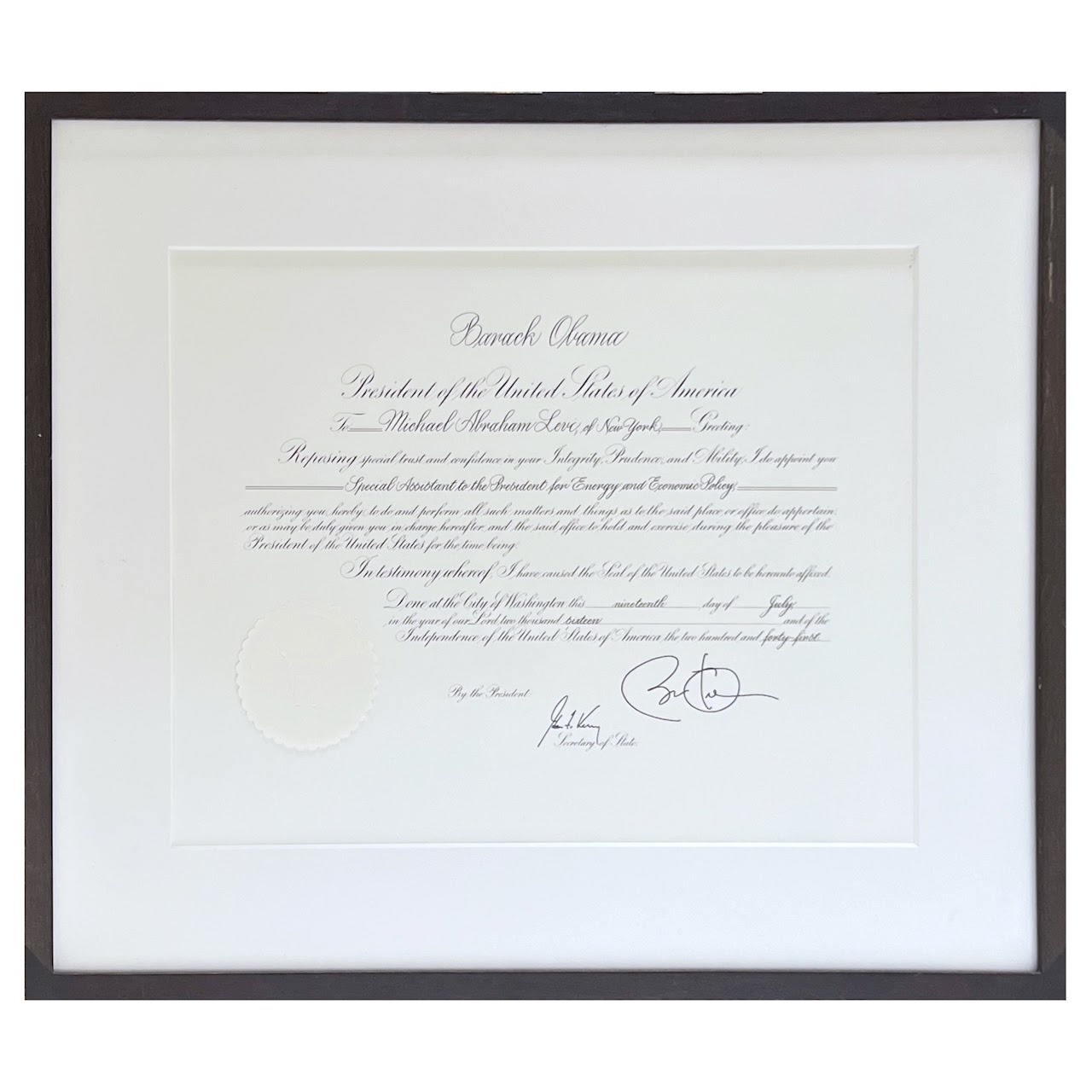 Barack Obama Signed Presidential Appointment Certificate