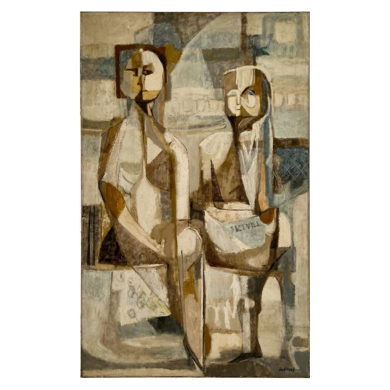 Mary Lou Hofsoos Two Figures Waiting Signed Oil Painting