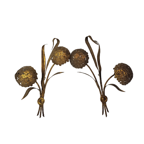 Mid-Century Gilded Hydrangea Wall Hanging Pair