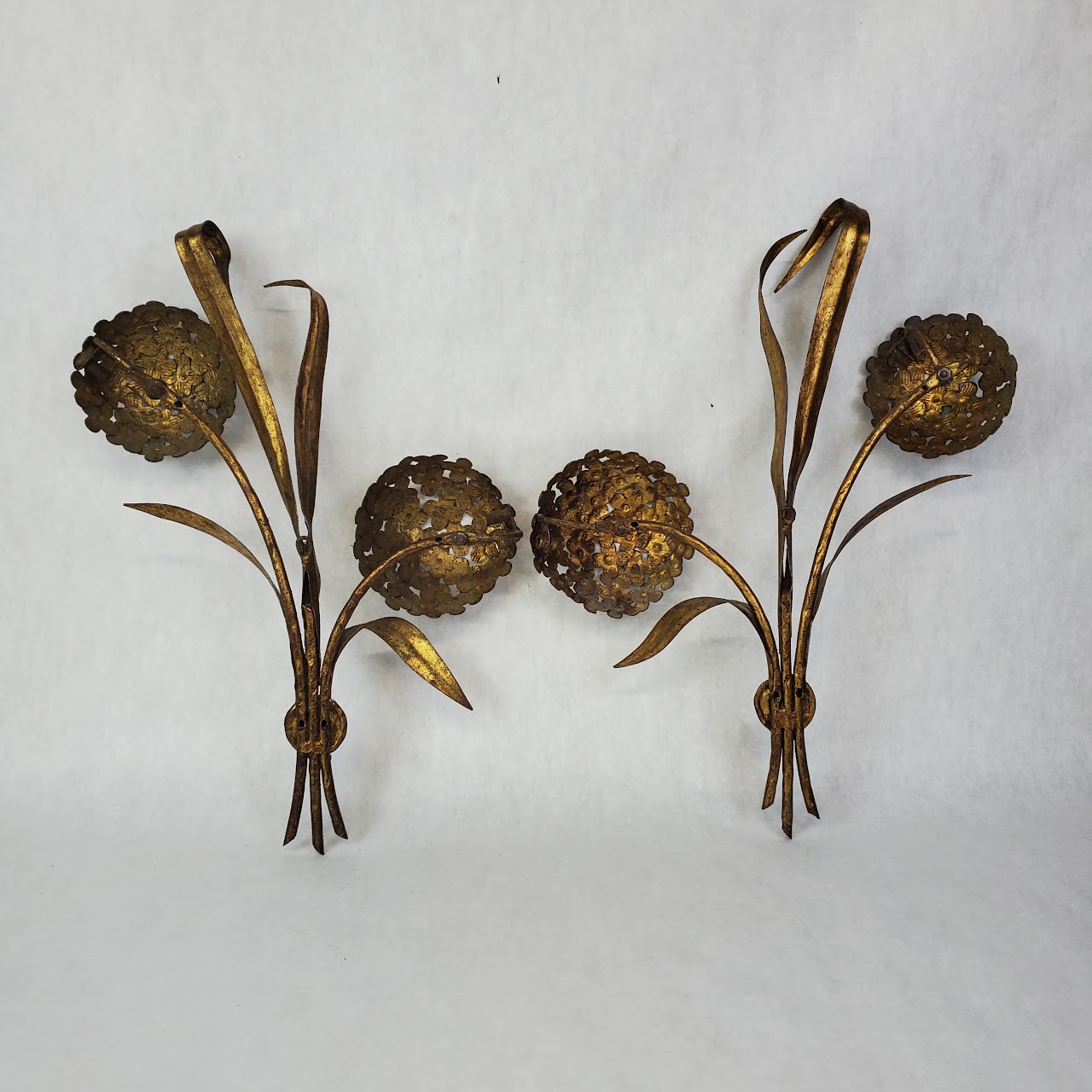 Mid-Century Gilded Hydrangea Wall Hanging Pair