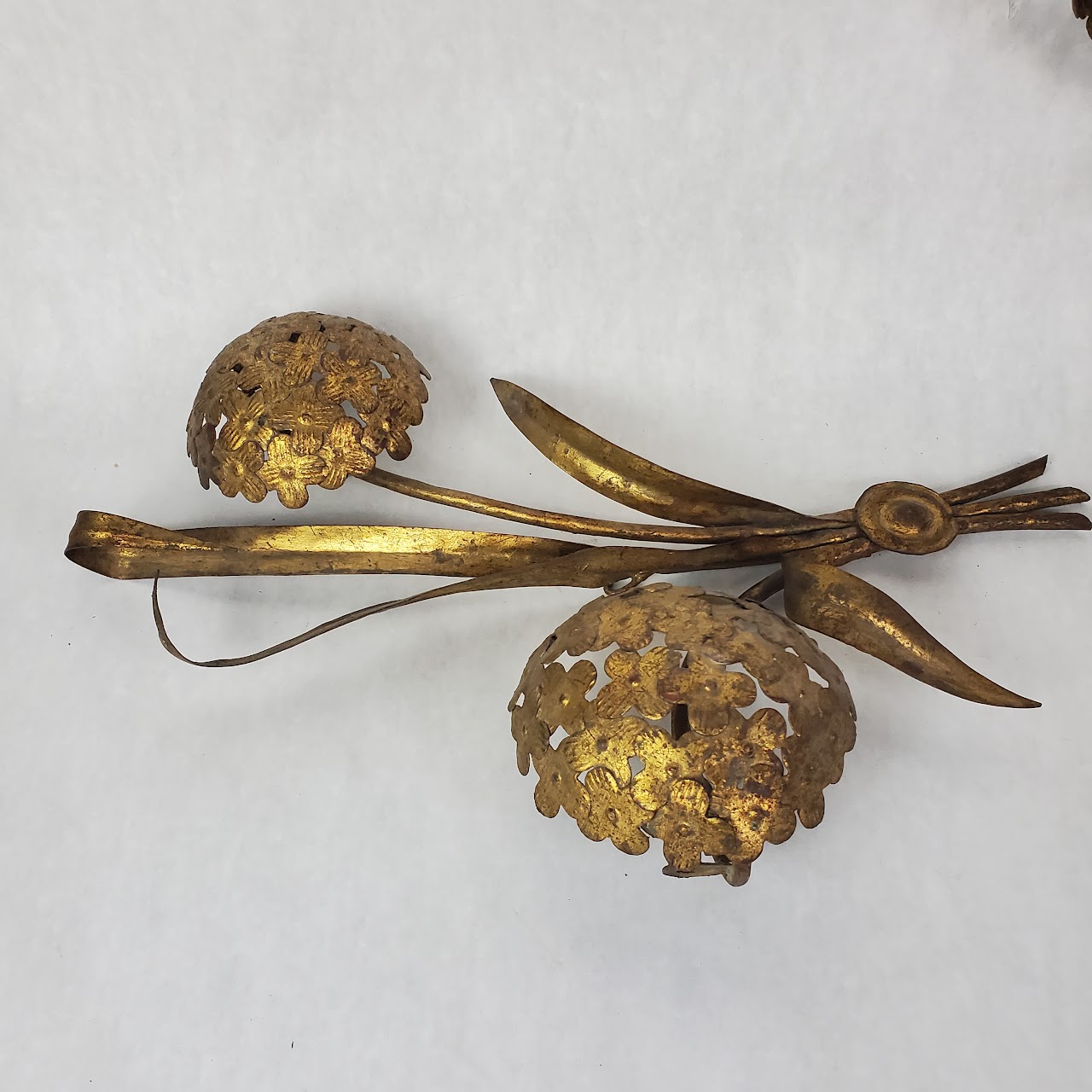 Mid-Century Gilded Hydrangea Wall Hanging Pair