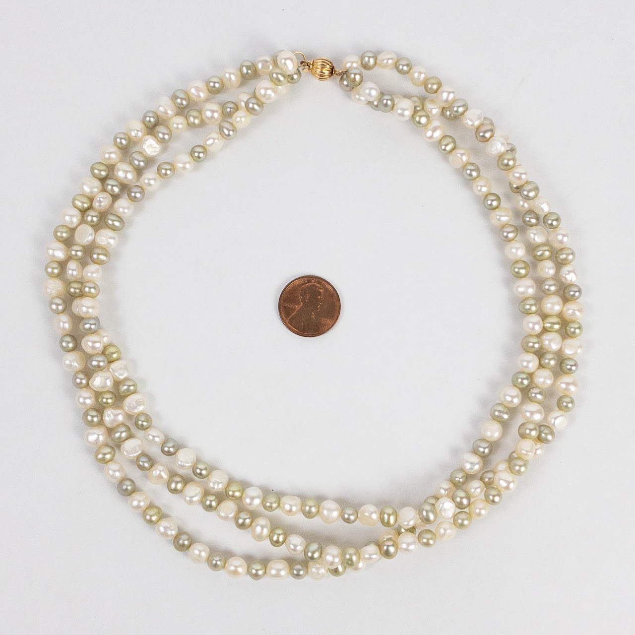 Multicolor Pearl and 14K Gold Triple Strand Necklace