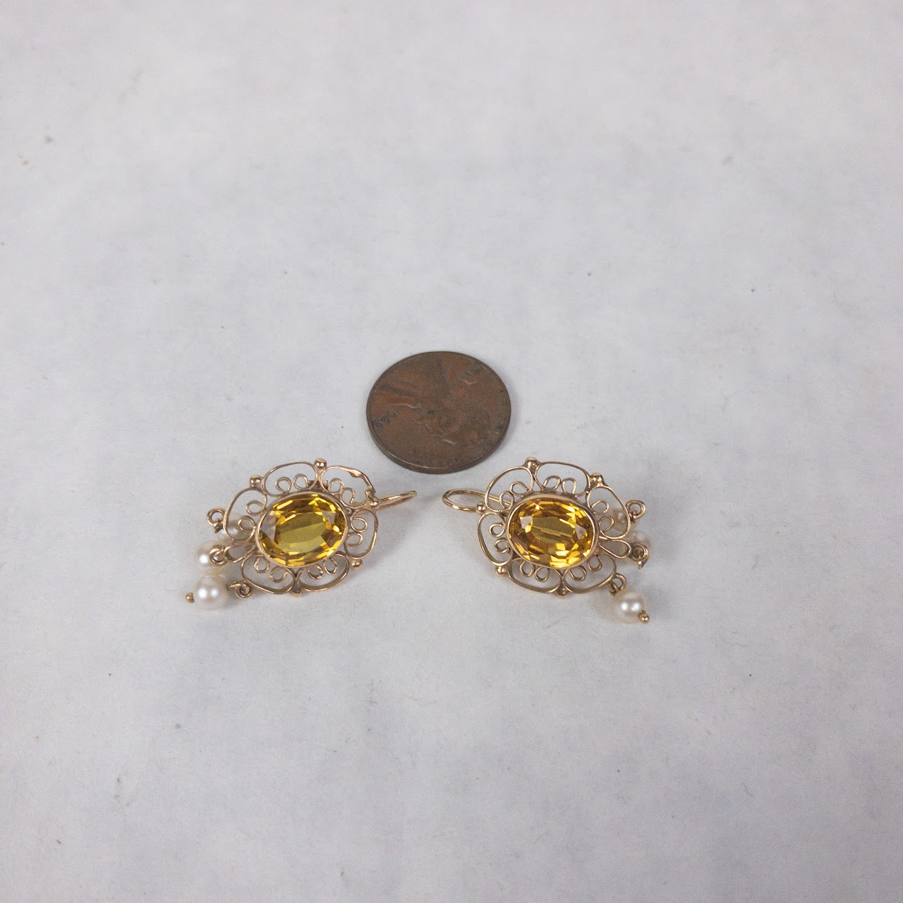 14K Gold Earrings With Citrine & Pearl Settings