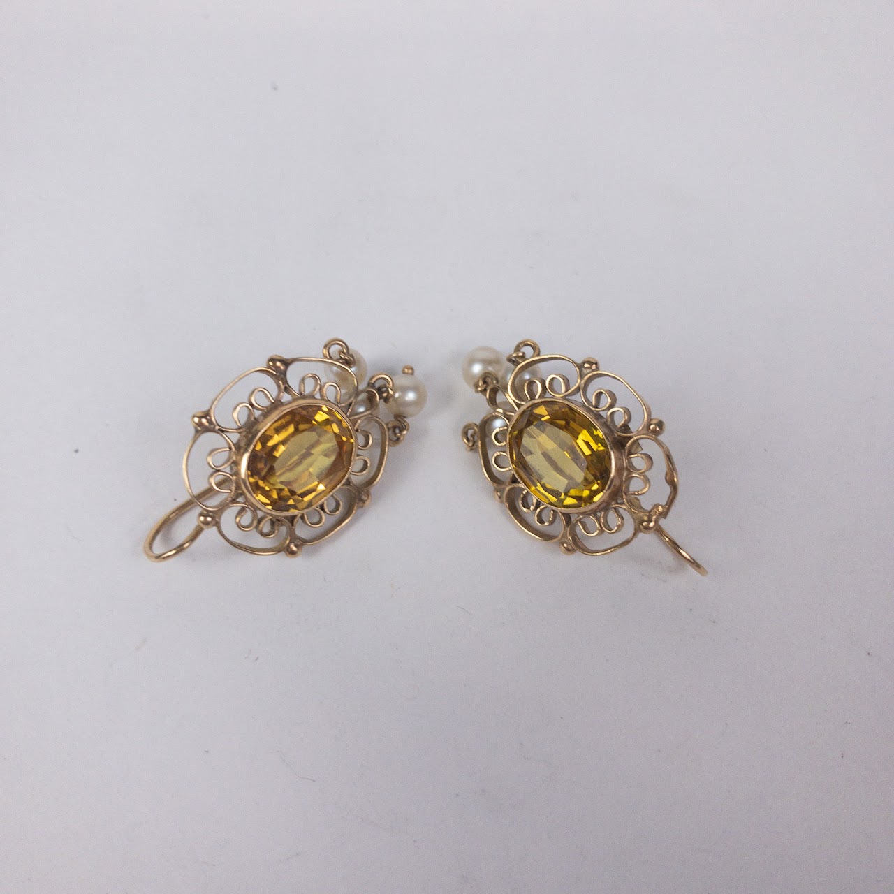 14K Gold Earrings With Citrine & Pearl Settings