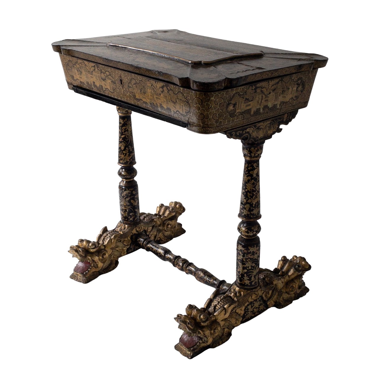 19th Century Chinoiserie Dragon Footed Chinese Export Sewing Table