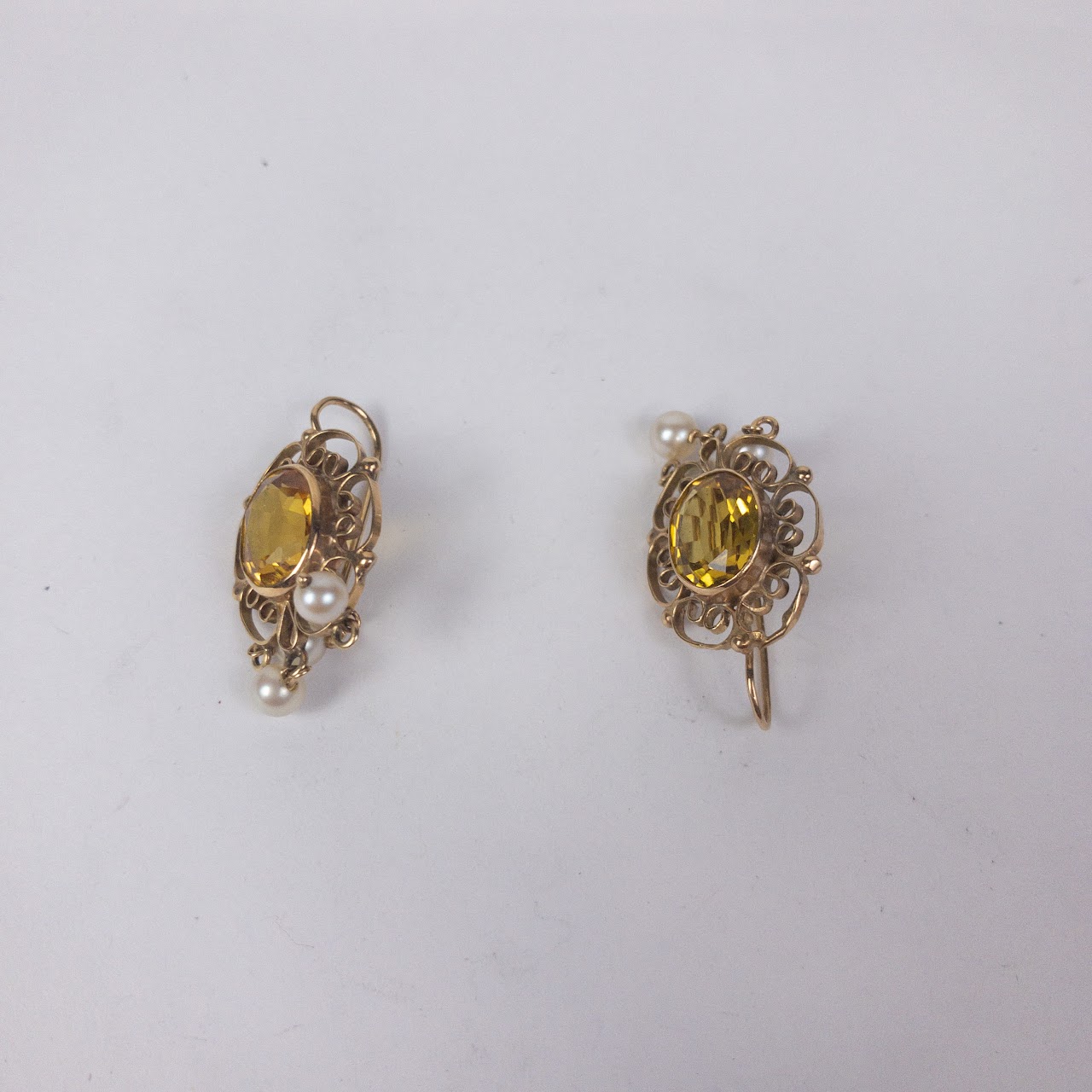 14K Gold Earrings With Citrine & Pearl Settings