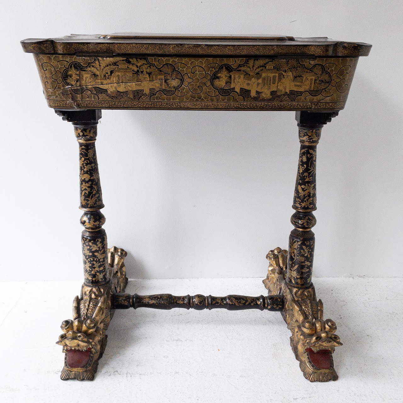 19th Century Chinoiserie Dragon Footed Chinese Export Sewing Table