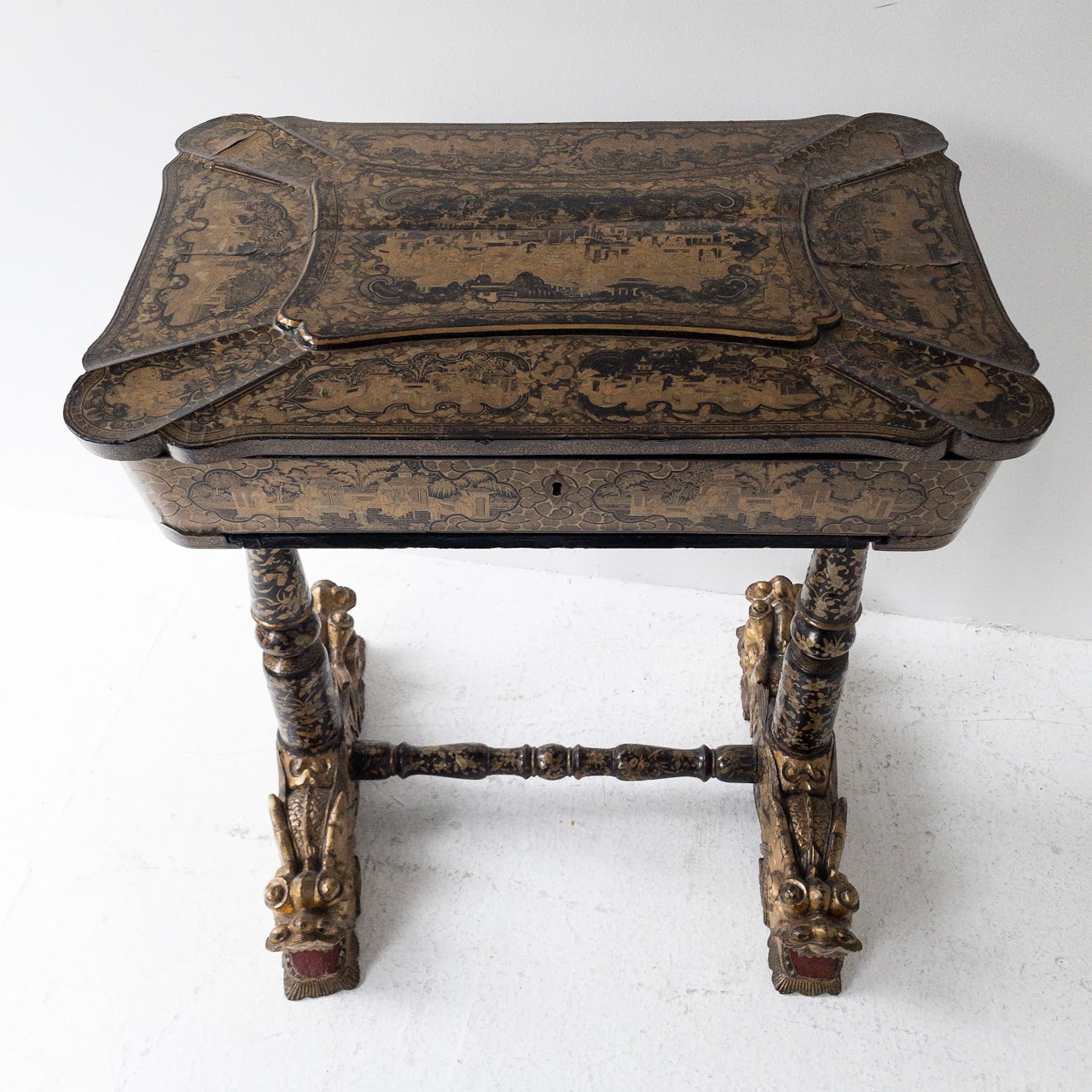 19th Century Chinoiserie Dragon Footed Chinese Export Sewing Table