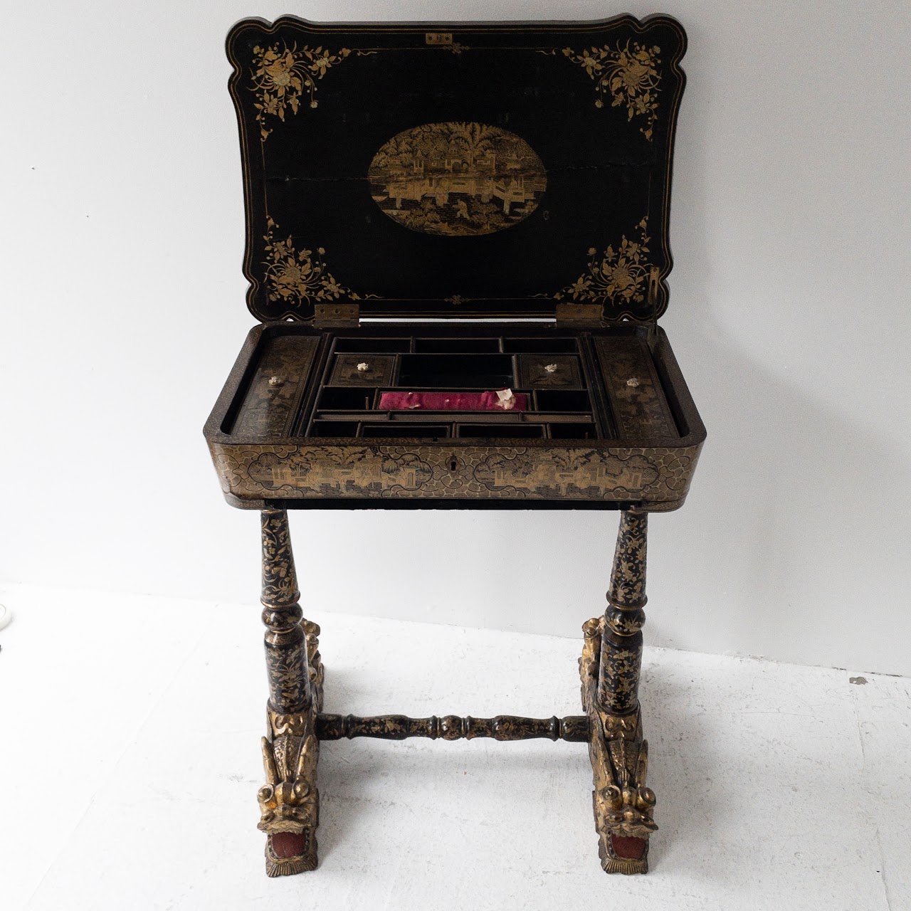 19th Century Chinoiserie Dragon Footed Chinese Export Sewing Table