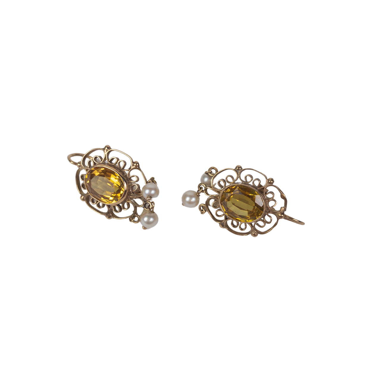 14K Gold Earrings With Citrine & Pearl Settings