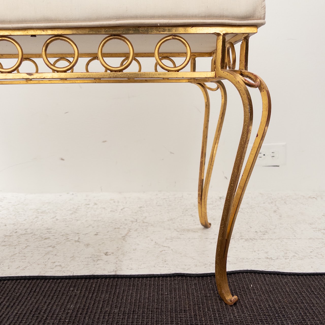 Gilded Wrought Iron Silk Upholstered Bench Pair