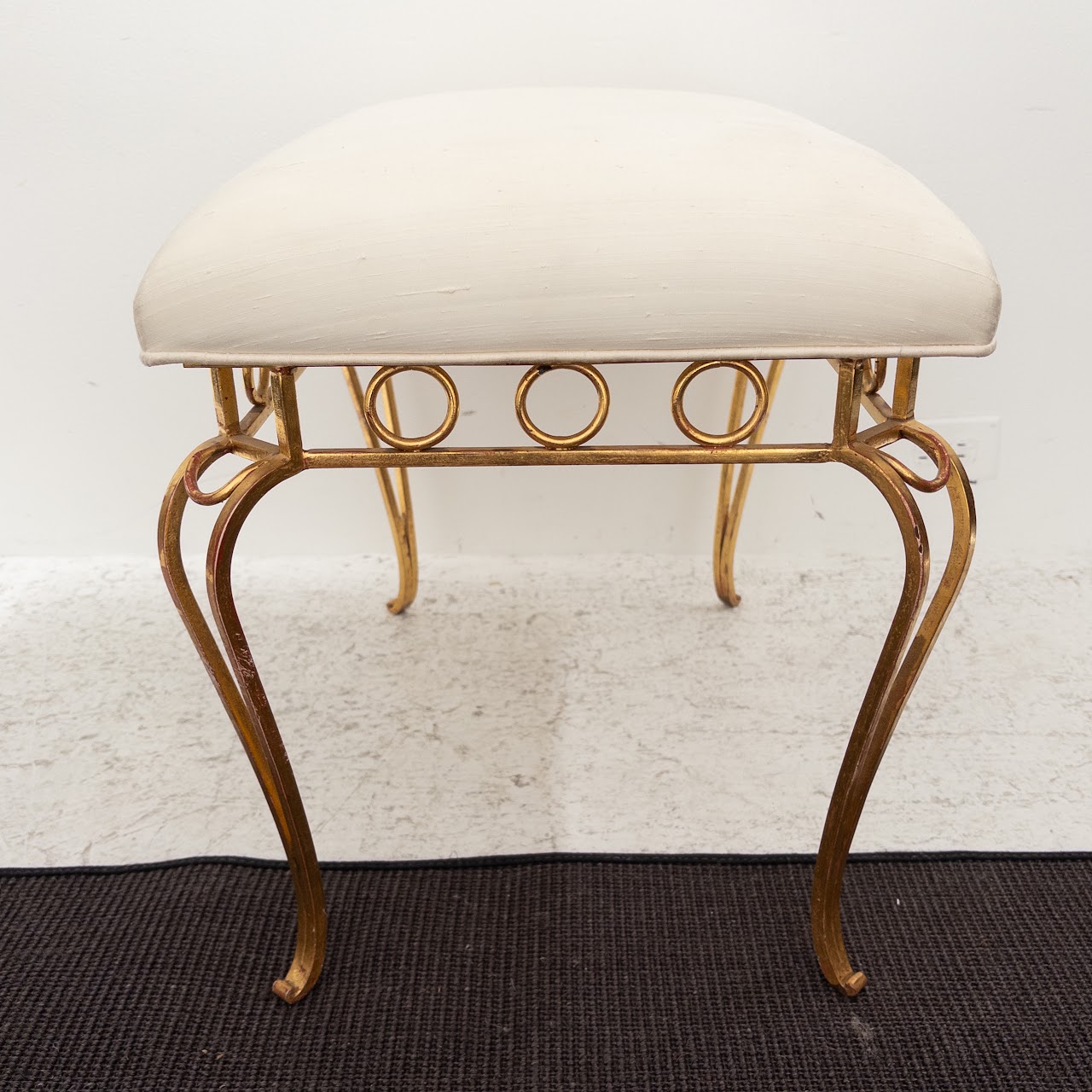 Gilded Wrought Iron Silk Upholstered Bench Pair