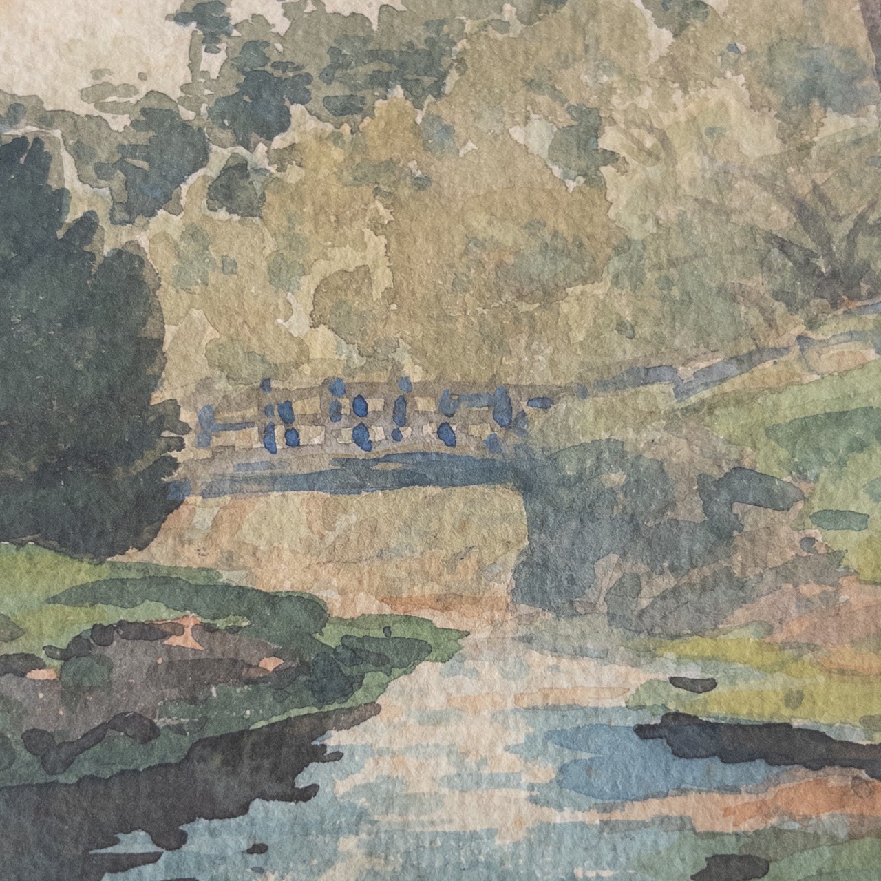 River and Bridge  Vintage Watercolor Landscape Painting
