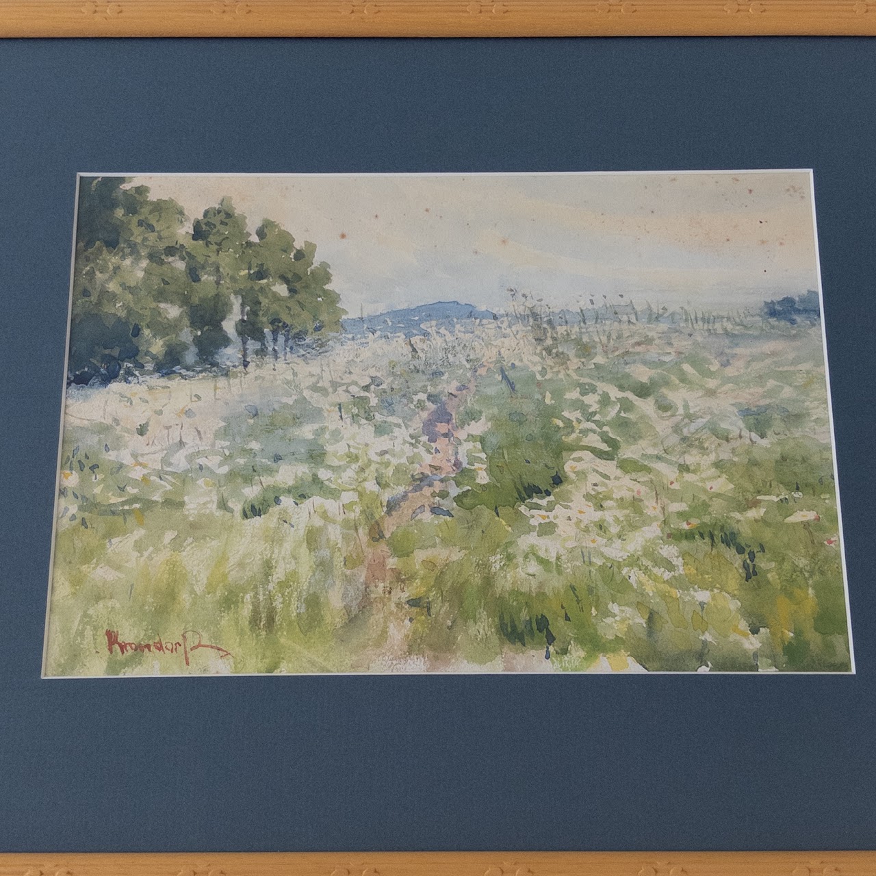 Mountain Meadow Vintage Watercolor Landscape Painting