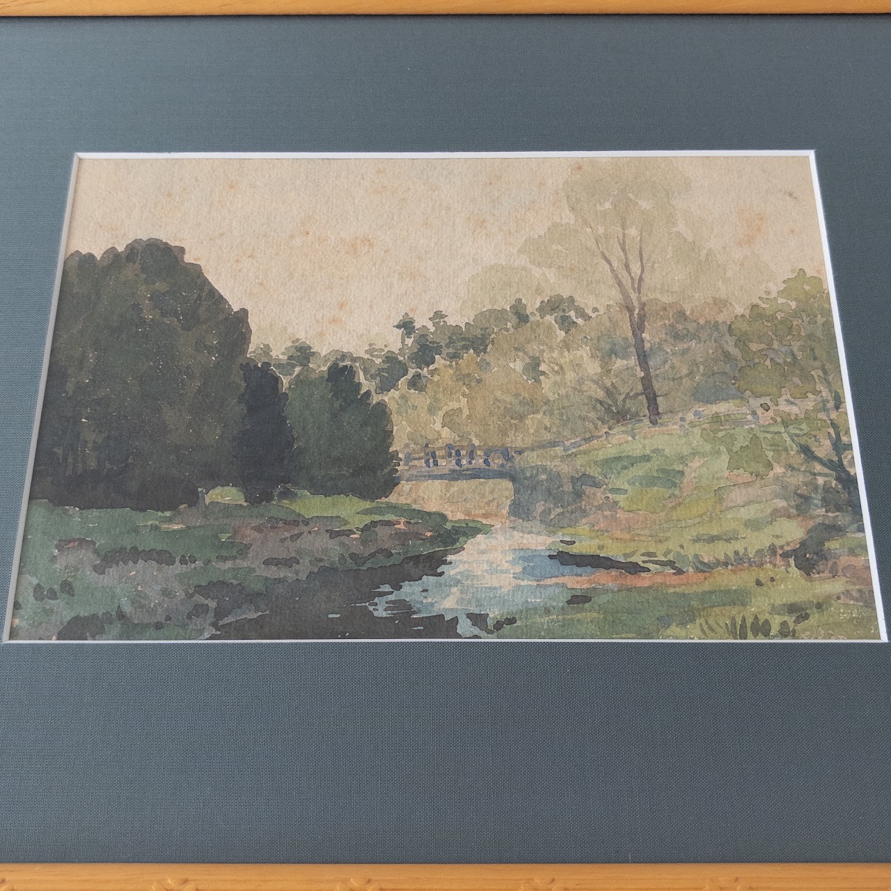 River and Bridge  Vintage Watercolor Landscape Painting