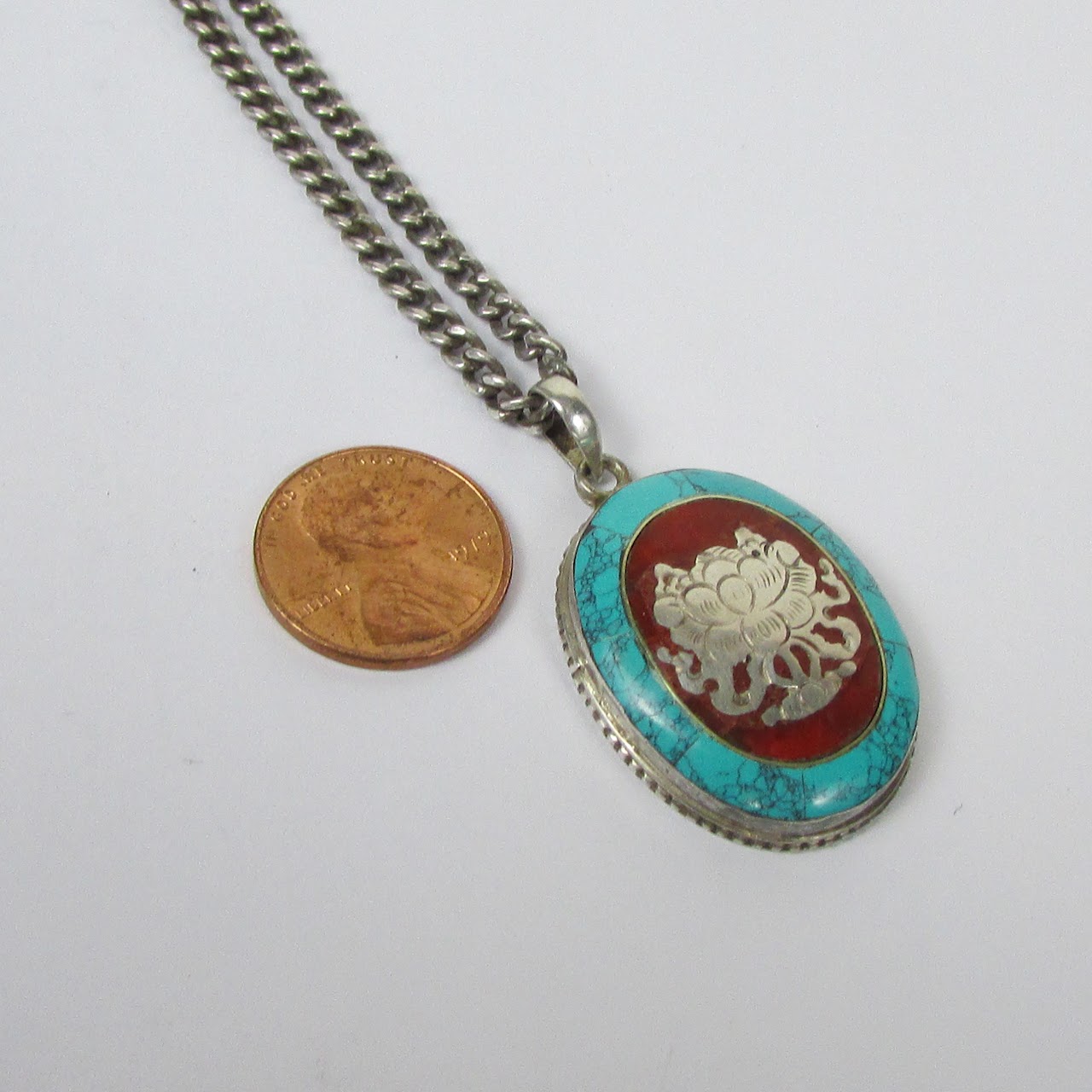 Sterling Silver Turquoise & Jasper Pendant Necklace