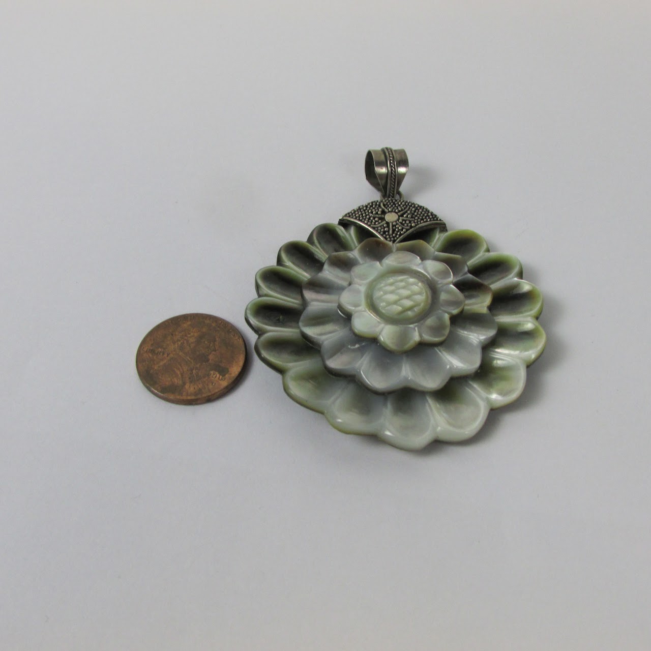 Sterling Silver Carved Shell Flower Pendant