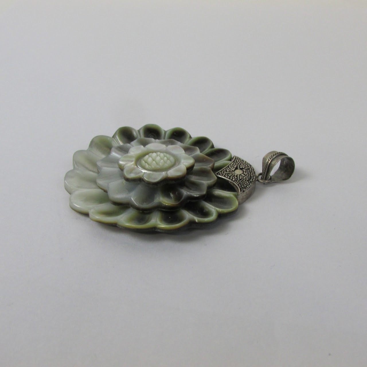 Sterling Silver Carved Shell Flower Pendant