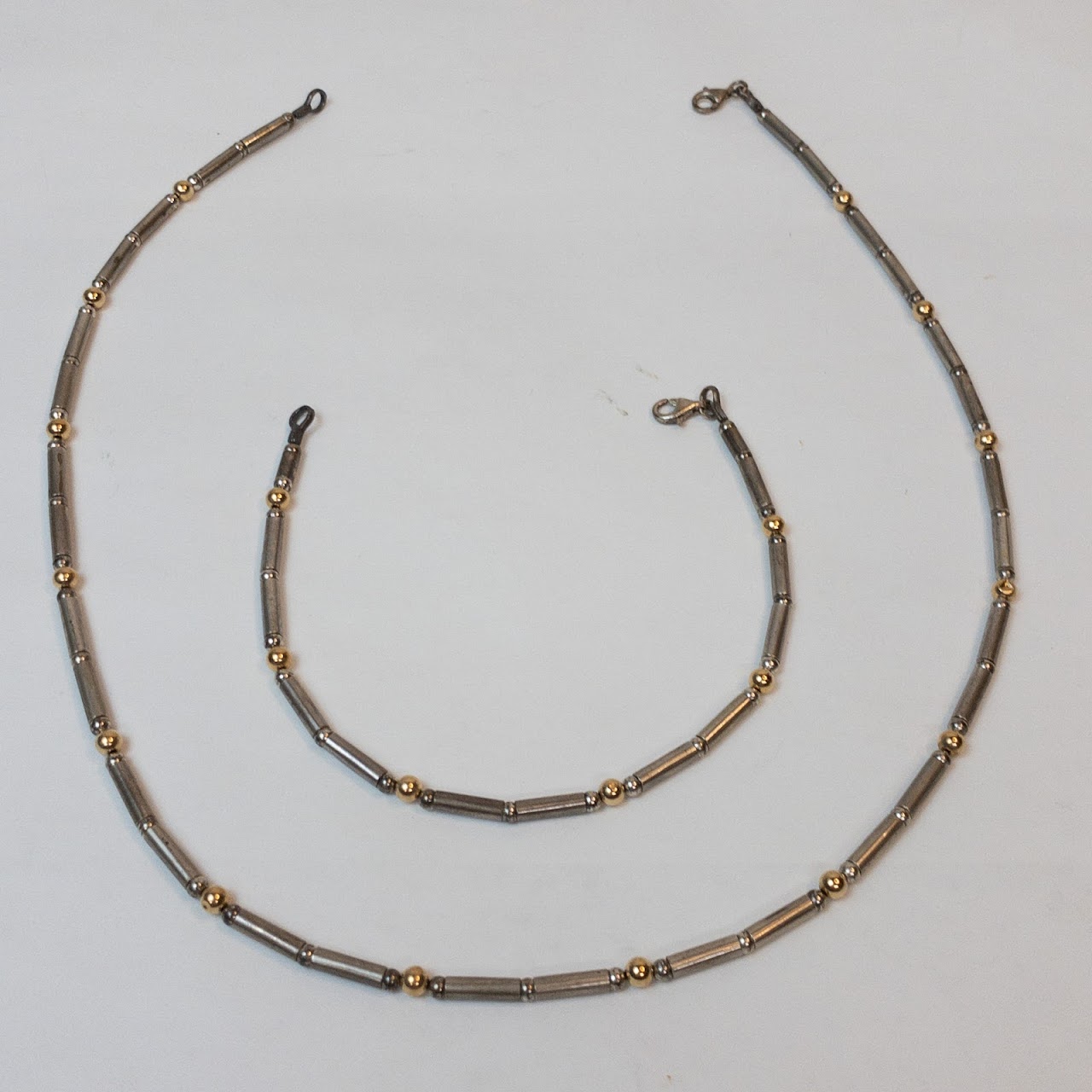 Sterling Silver and 14K Gold Bracelet and Necklace Set