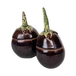 Pair of Signed Ceramic  Lidded 'Eggplant' Countertop Containers