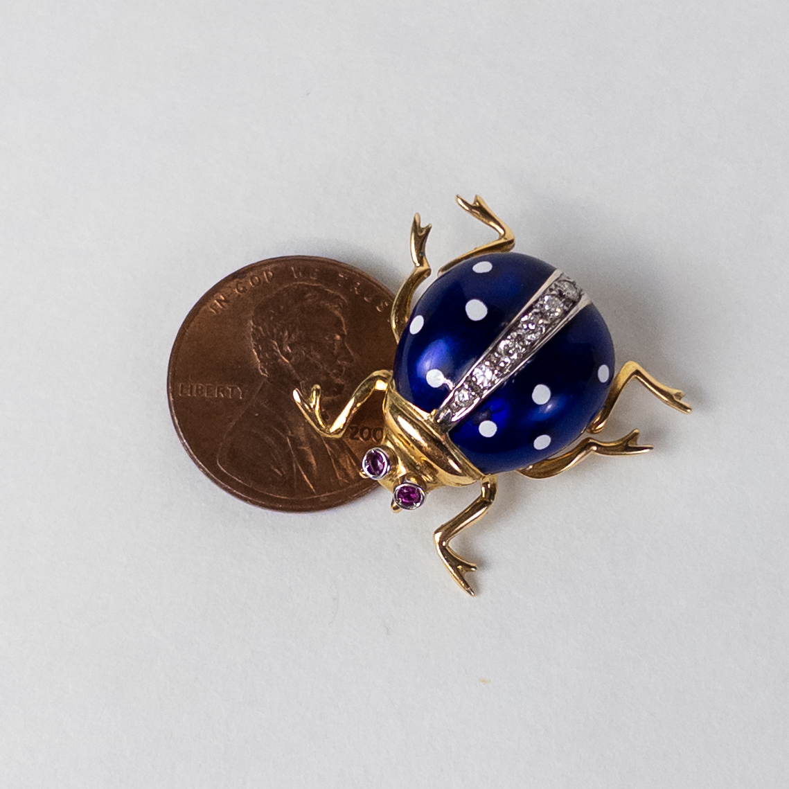 18K Gold, Enamel, Diamond, and Ruby Ladybug Brooch