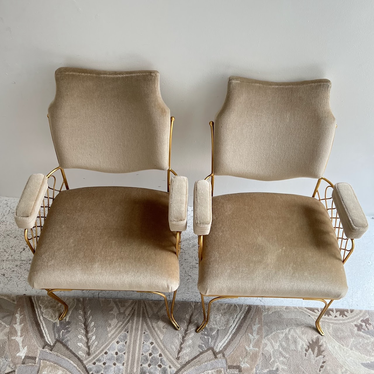 Rene Prou Style French Art Deco Mohair and Gilt Armchair Pair