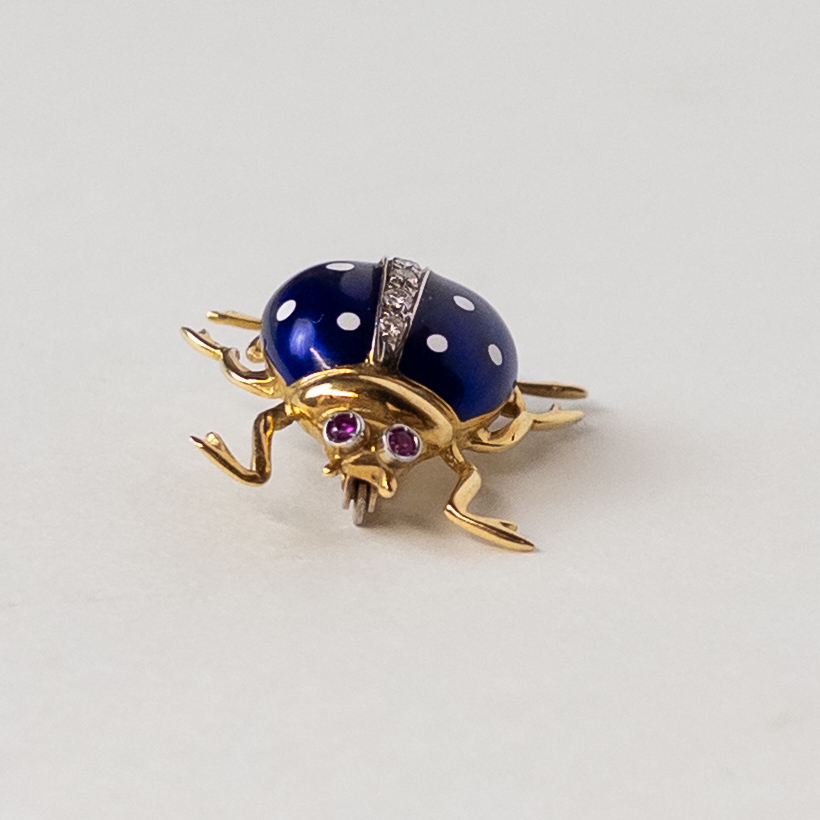 18K Gold, Enamel, Diamond, and Ruby Ladybug Brooch