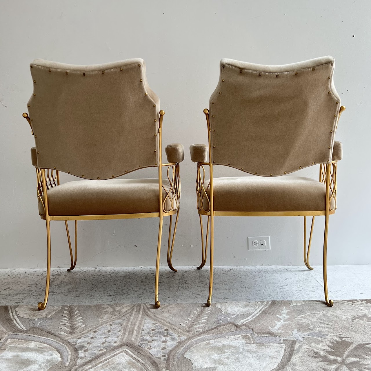 Rene Prou Style French Art Deco Mohair and Gilt Armchair Pair