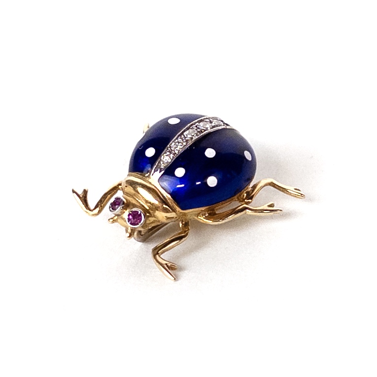 18K Gold, Enamel, Diamond, and Ruby Ladybug Brooch