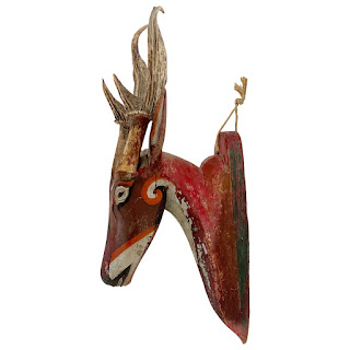 Balinese Polychrome Antler Mounted Hand Carved Deer Head Sculpture