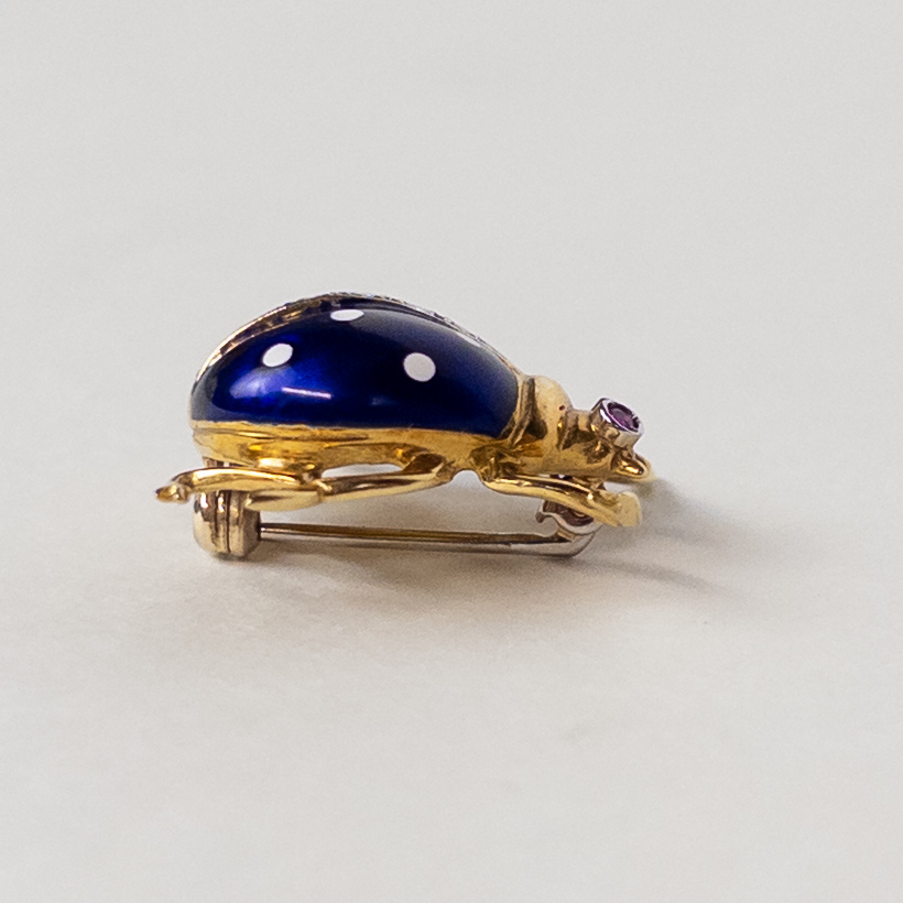 18K Gold, Enamel, Diamond, and Ruby Ladybug Brooch