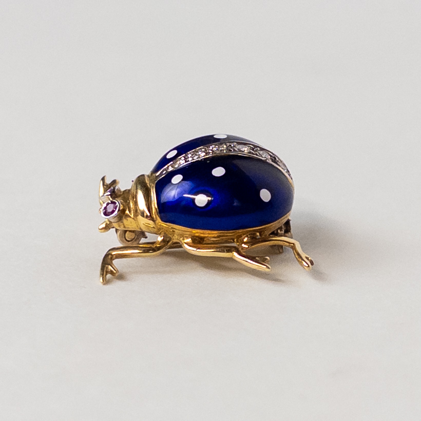 18K Gold, Enamel, Diamond, and Ruby Ladybug Brooch