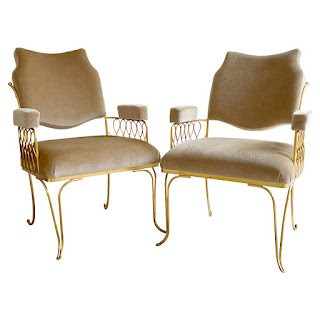 Rene Prou Style French Art Deco Mohair and Gilt Armchair Pair