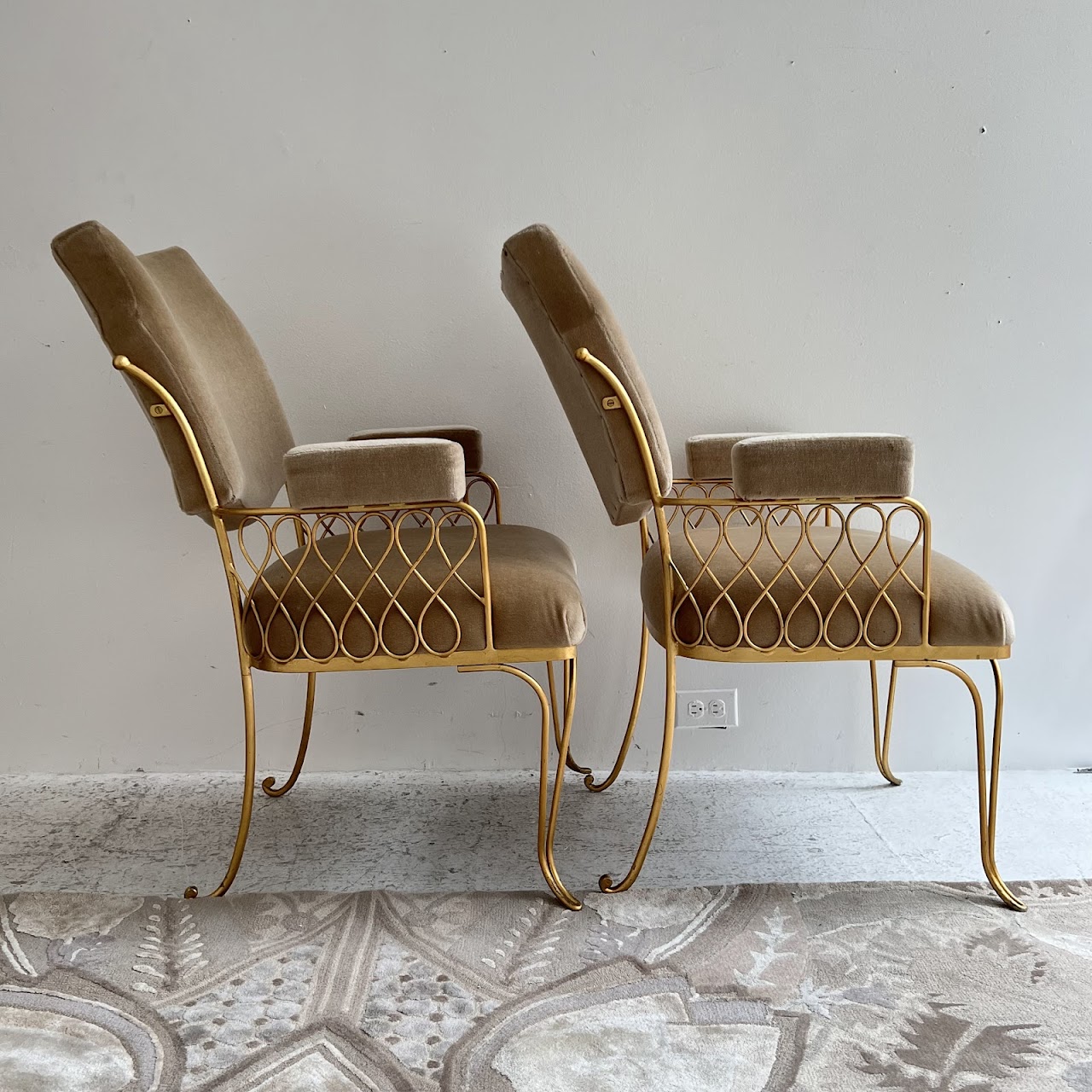 Rene Prou Style French Art Deco Mohair and Gilt Armchair Pair