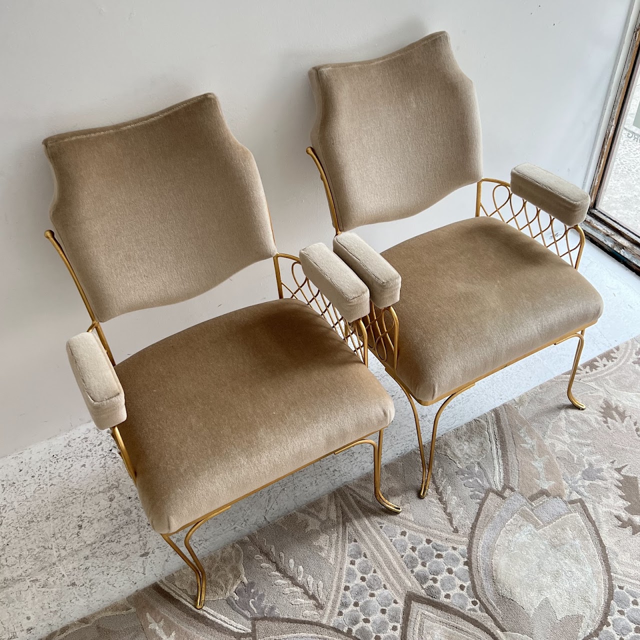 Rene Prou Style French Art Deco Mohair and Gilt Armchair Pair