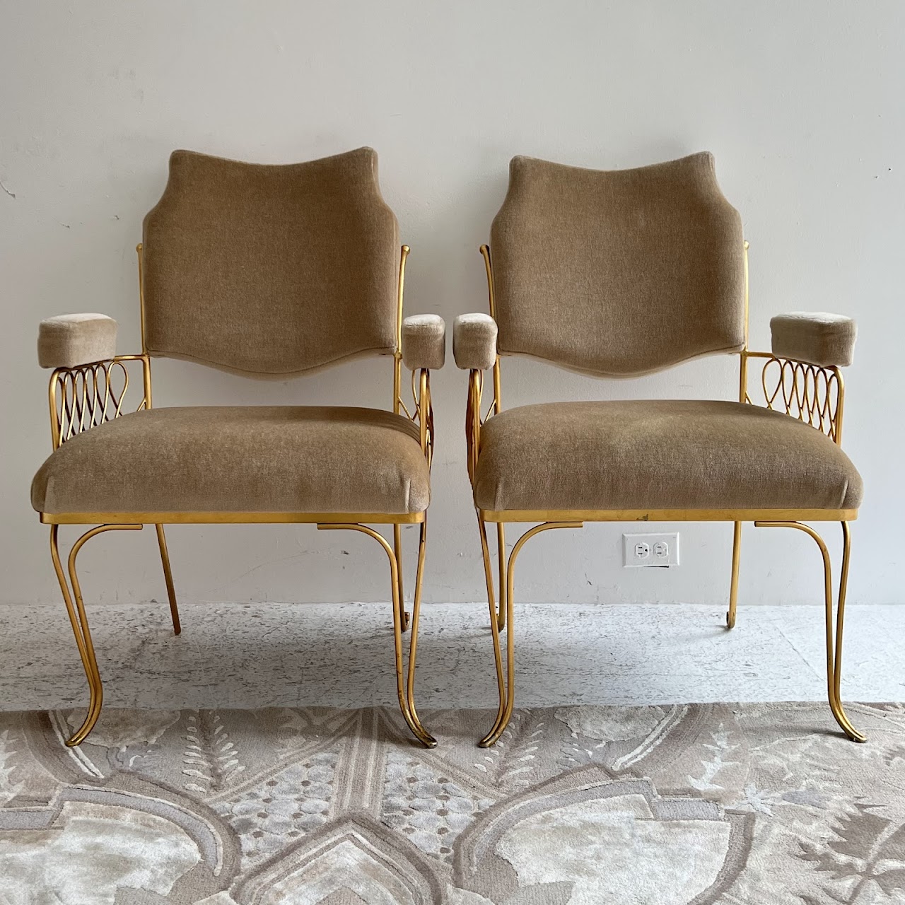 Rene Prou Style French Art Deco Mohair and Gilt Armchair Pair