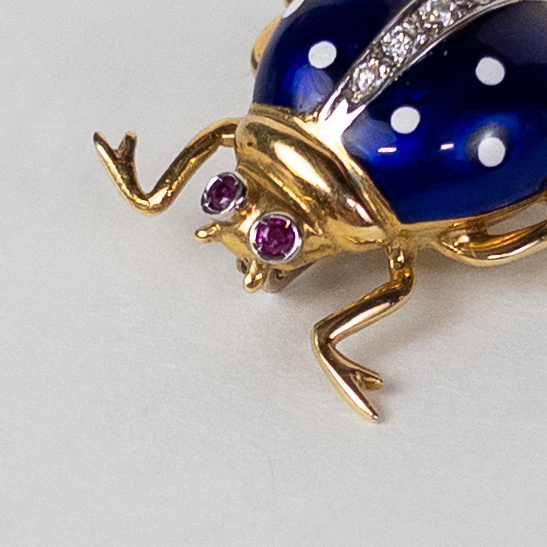 18K Gold, Enamel, Diamond, and Ruby Ladybug Brooch